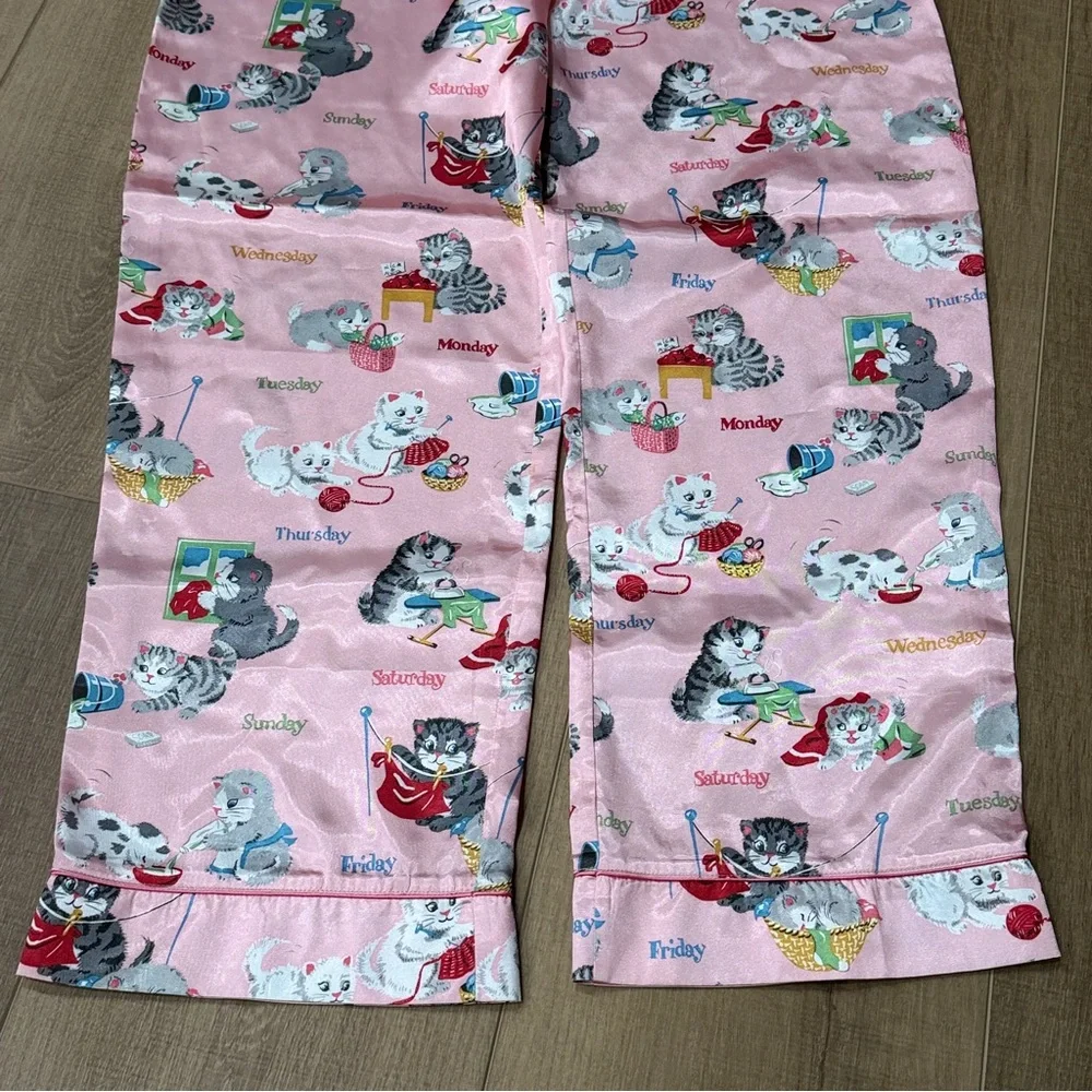 Nick & Nora Girls XL 14/16 Pink Satin Pajama Pants Kitten Cats Days Of Week Meow